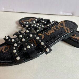 Pearl Embellished Black Slide Sandals Size 8